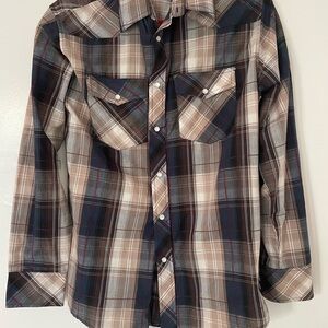 Men's Plaid Button-Down Casual Shirt - Beige & Navy